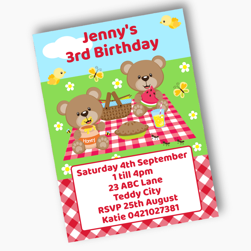 Personalised Teddy Bears Picnic Birthday Party Invites - Red