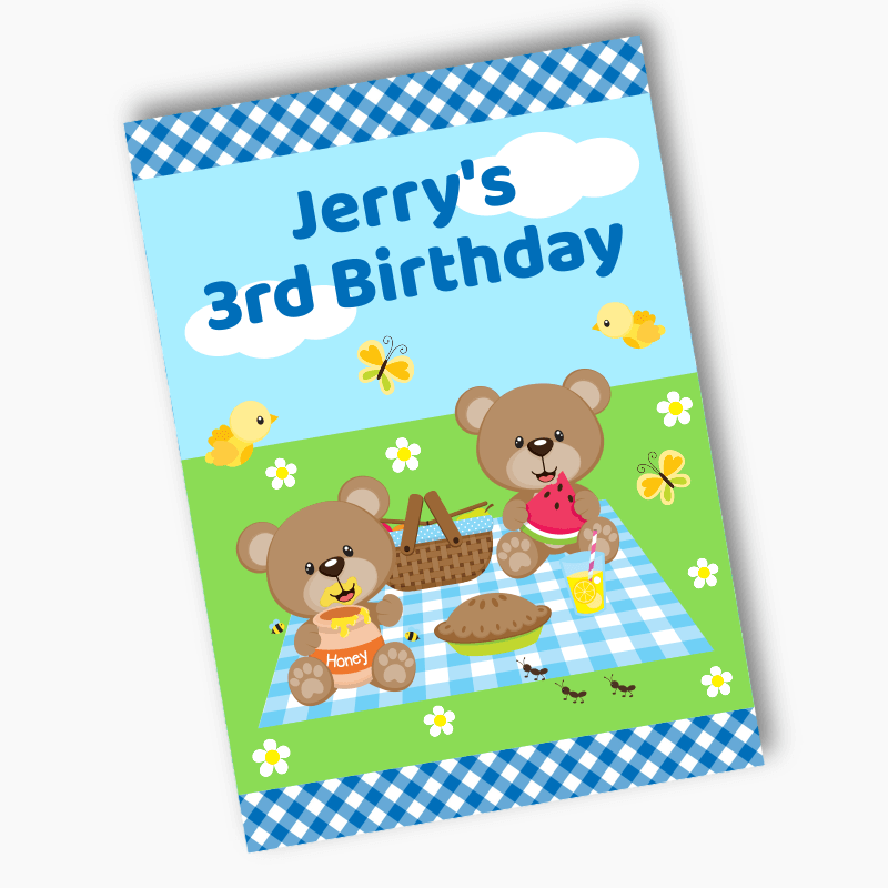 Personalised Teddy Bears Picnic Birthday Party Posters - Blue