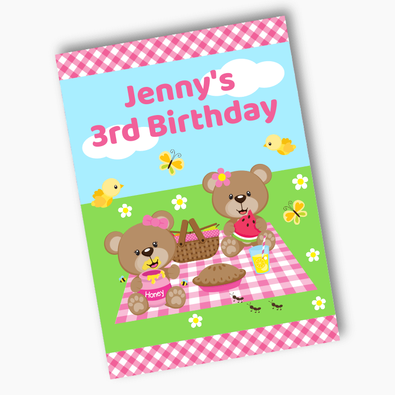 Personalised Teddy Bears Picnic Birthday Party Posters - Pink