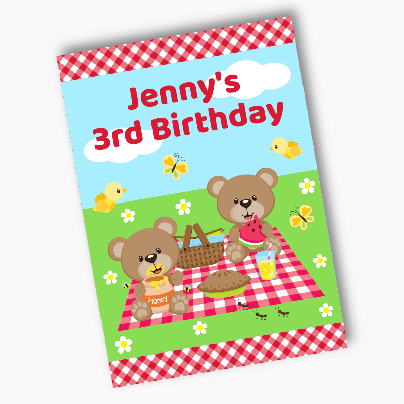 Personalised Teddy Bears Picnic Birthday Party Posters - Red