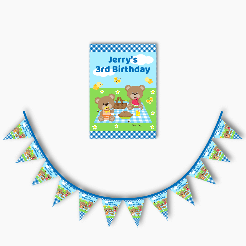 Personalised Teddy Bears Picnic Party Poster &amp; Bunting Combo - Blue