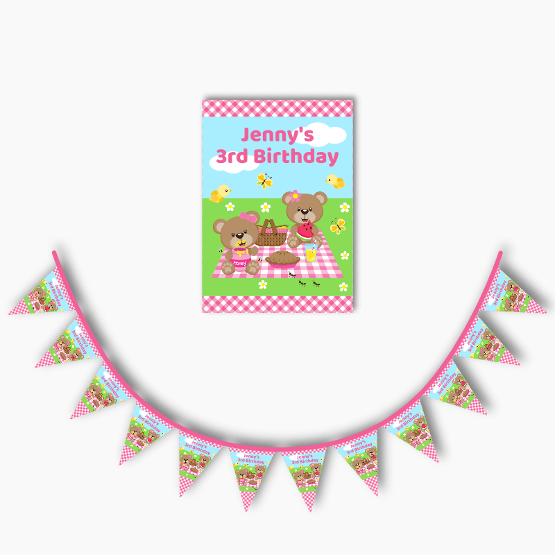 Personalised Teddy Bears Picnic Party Poster &amp; Bunting Combo - Pink