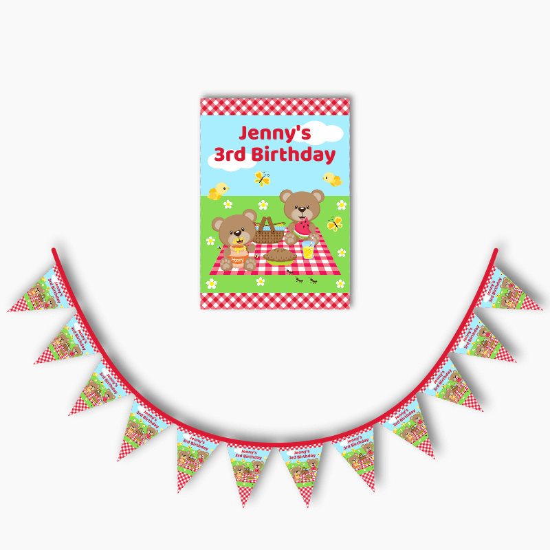 Personalised Teddy Bears Picnic Party Poster &amp; Bunting Combo - Red