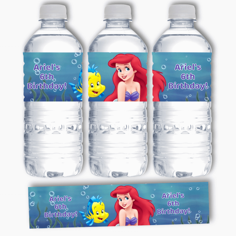 Personalised The Little Mermaid Birthday Party Water Bottle Labels