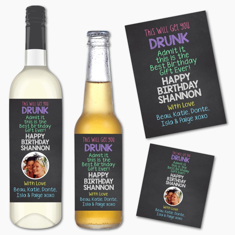 Personalised Funny &#39;Get You Drunk&#39; Birthday Gift Wine &amp; Beer Labels