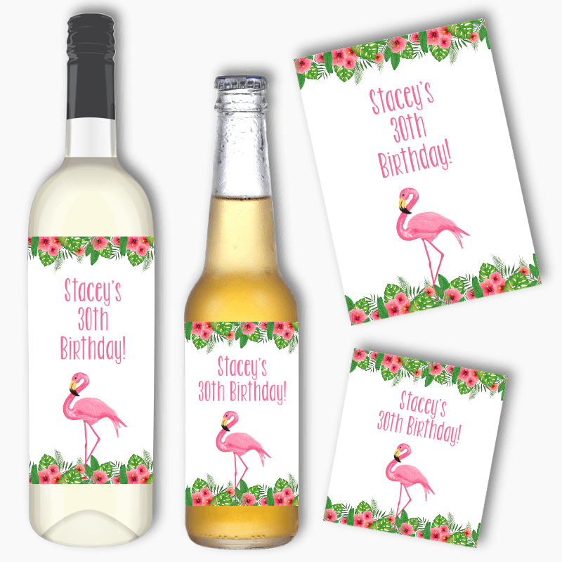 Personalised Tropical Flamingo Party Wine &amp; Beer Labels