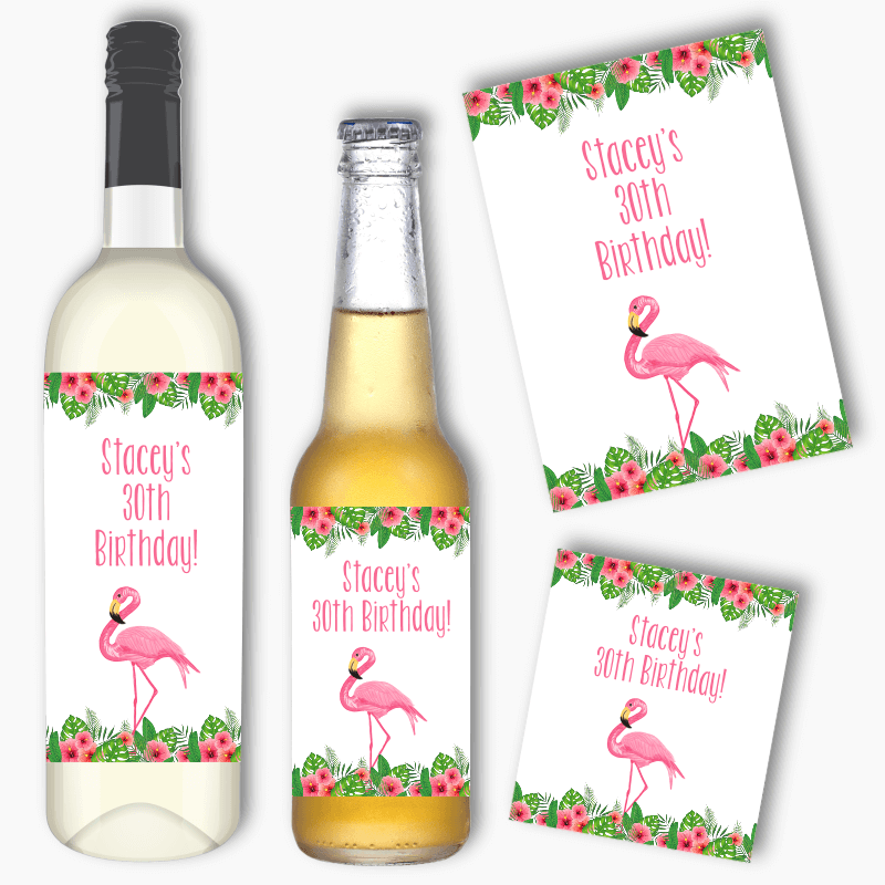 Personalised Tropical Flamingo Party Wine & Beer Labels