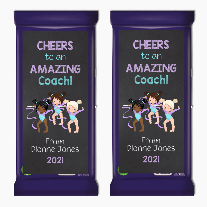 Personalised Twirling Ribbon Gymnastics Coach Gift Cadbury Chocolate Labels