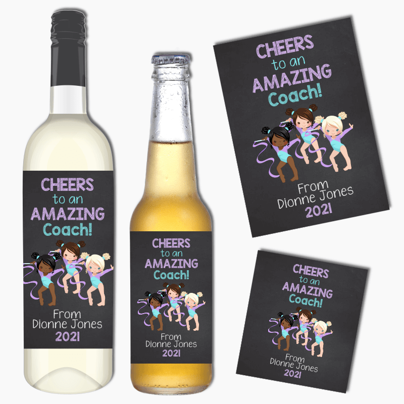 Twirling Ribbon Gymnastics Coach Gift Wine &amp; Beer Labels
