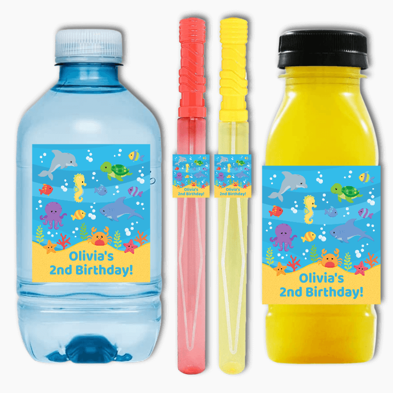 Personalised Under the Sea Birthday Party Bubble &amp; Juice Labels