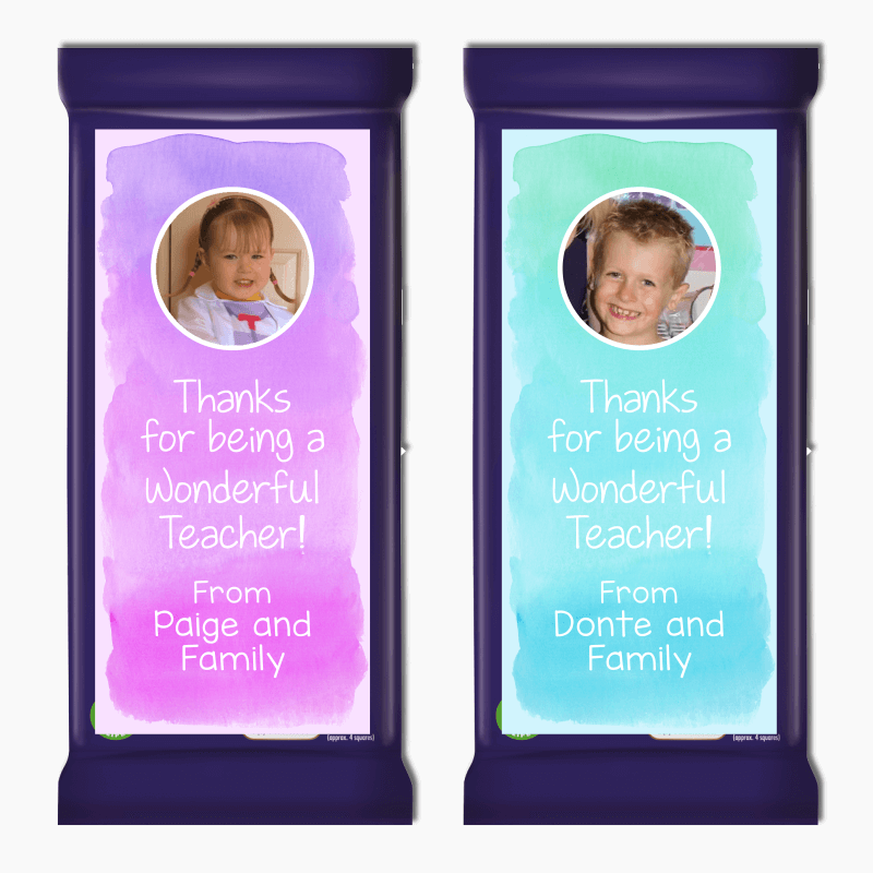 Watercolour Teachers Gift Cadbury Chocolate Labels with Photo