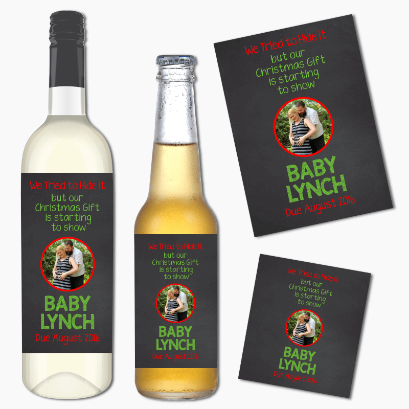 We Tried to Hide It Christmas Pregnancy Announcement Wine & Beer Labels with Photo