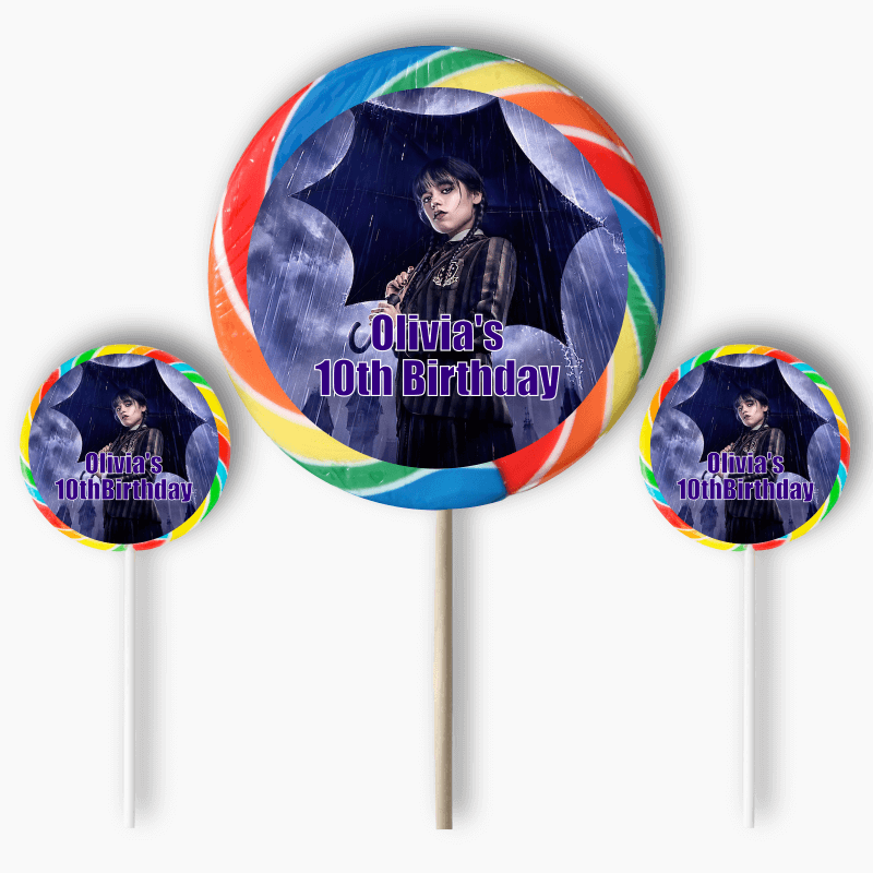 Personalised Wednesday Addams Birthday Party Round Stickers