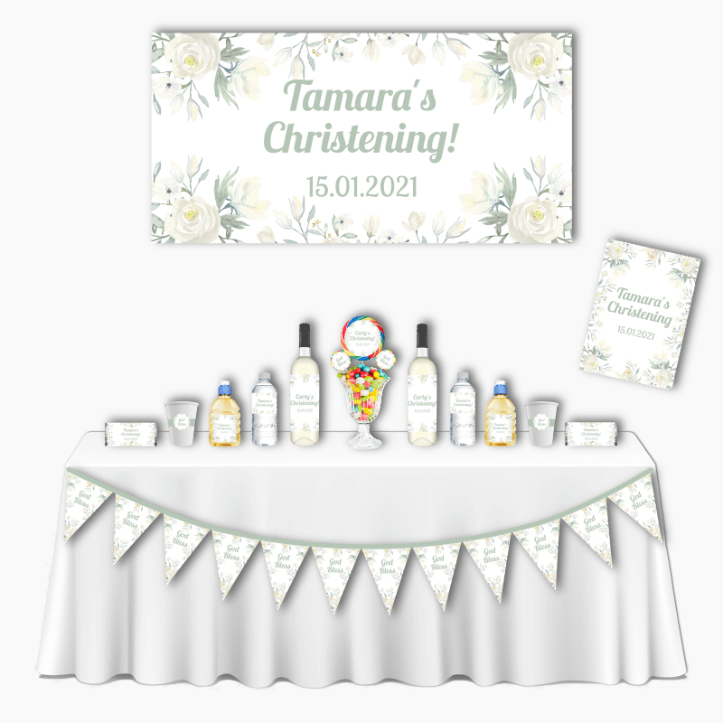 Personalised White Floral Deluxe Christening Decorations Pack