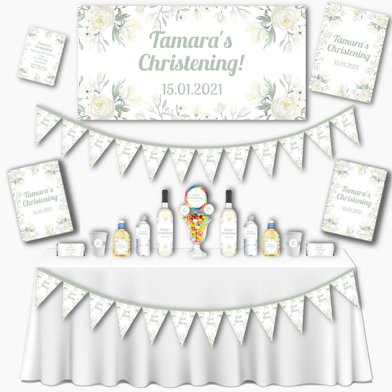 Personalised White Floral Grand Christening Decorations Pack