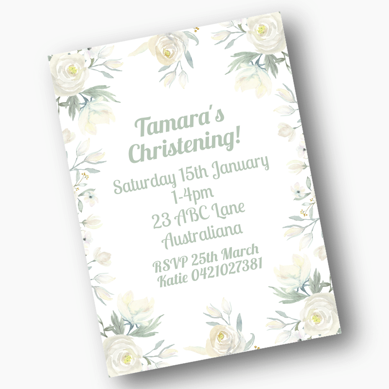 White Floral Christening Party Invites