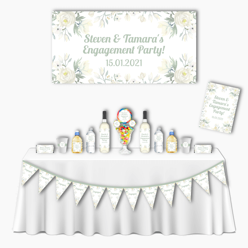 Personalised White Floral Deluxe Engagement Party Decorations Pack
