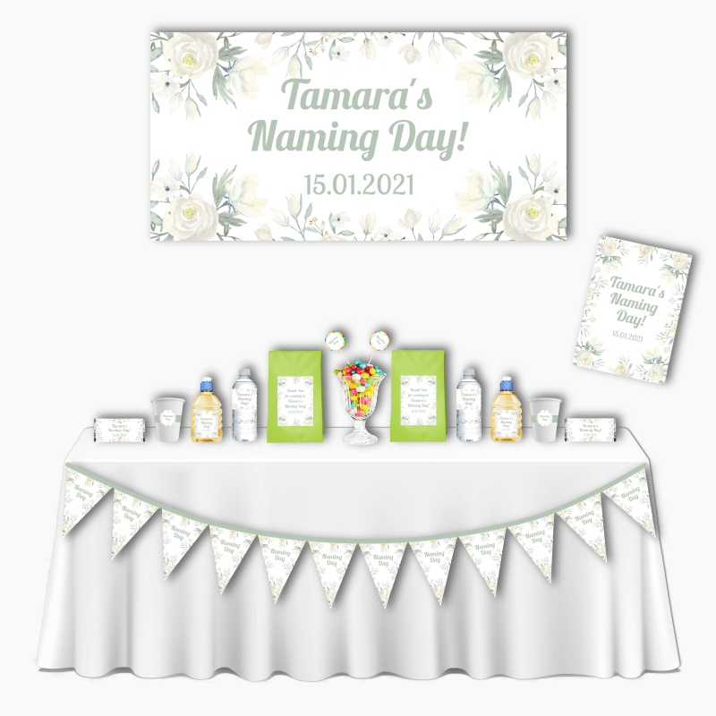 Personalised White Floral Deluxe Naming Day Decorations Pack