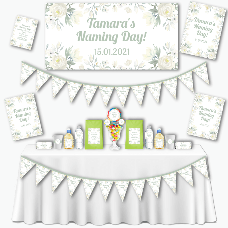Personalised White Floral Grand Naming Day Decorations Pack