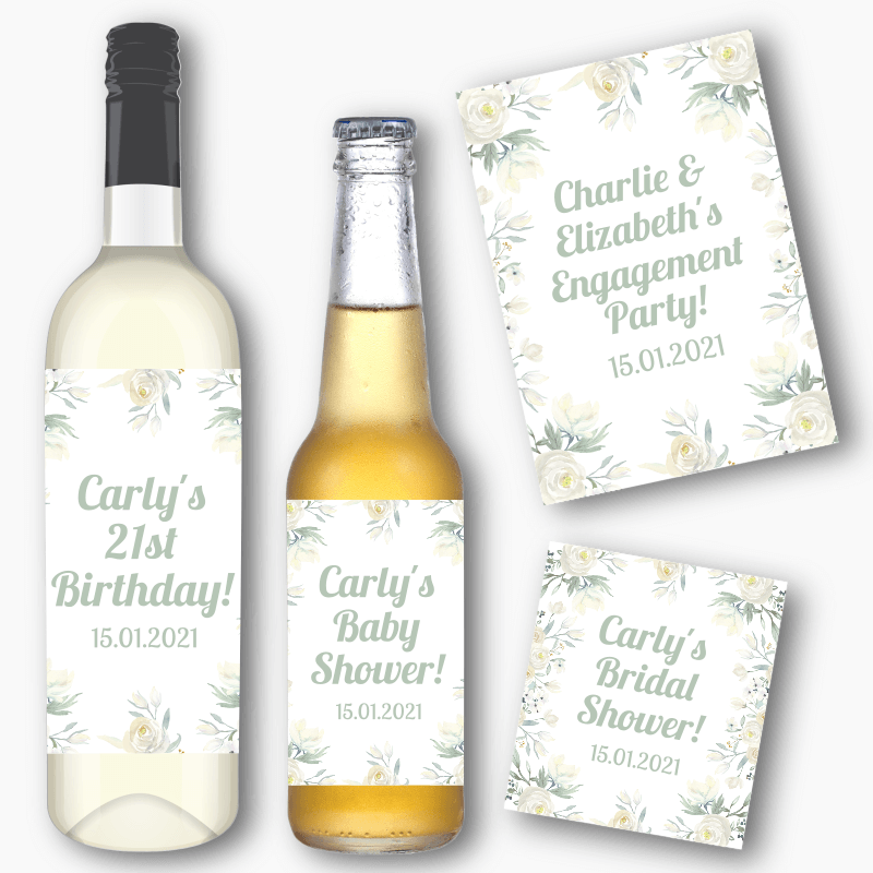White Floral Party Wine &amp; Beer Bottle Labels