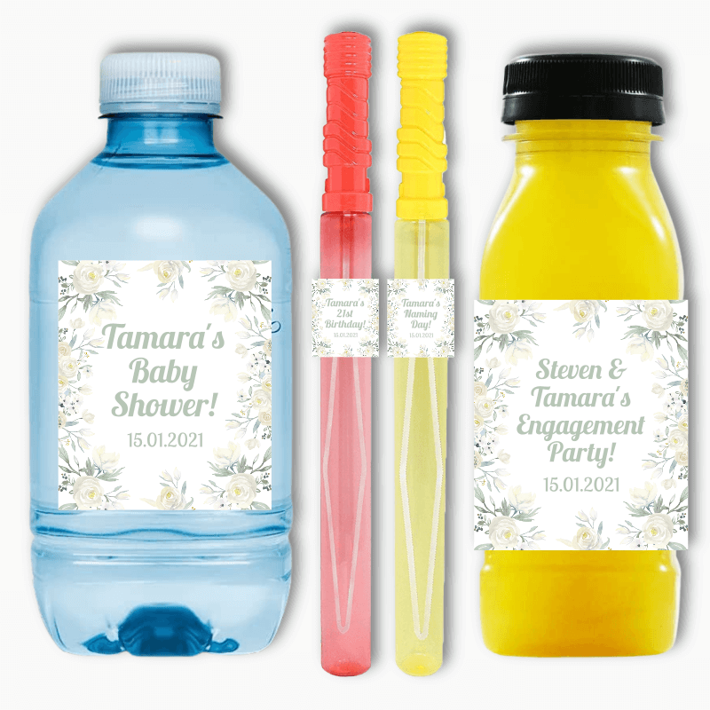 White Floral & Cream Flowers Rectangle Favour Stickers