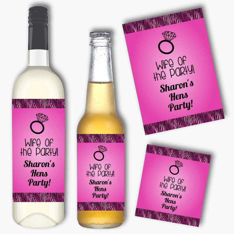 Personalised Wife of the Party Hens Party Wine &amp; Beer Labels