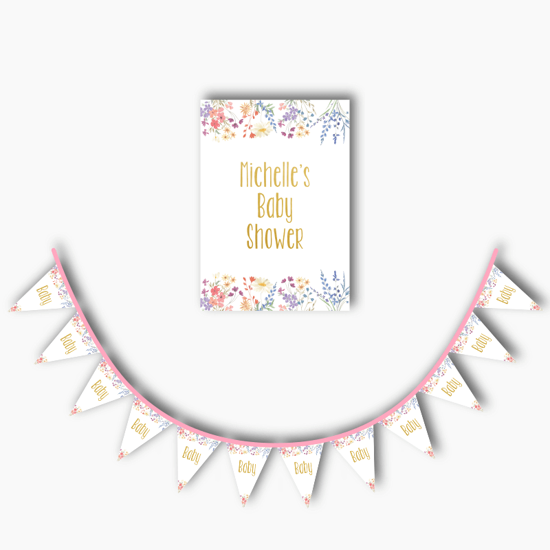 Personalised Wildflowers Baby Shower Poster &amp; Bunting Combo