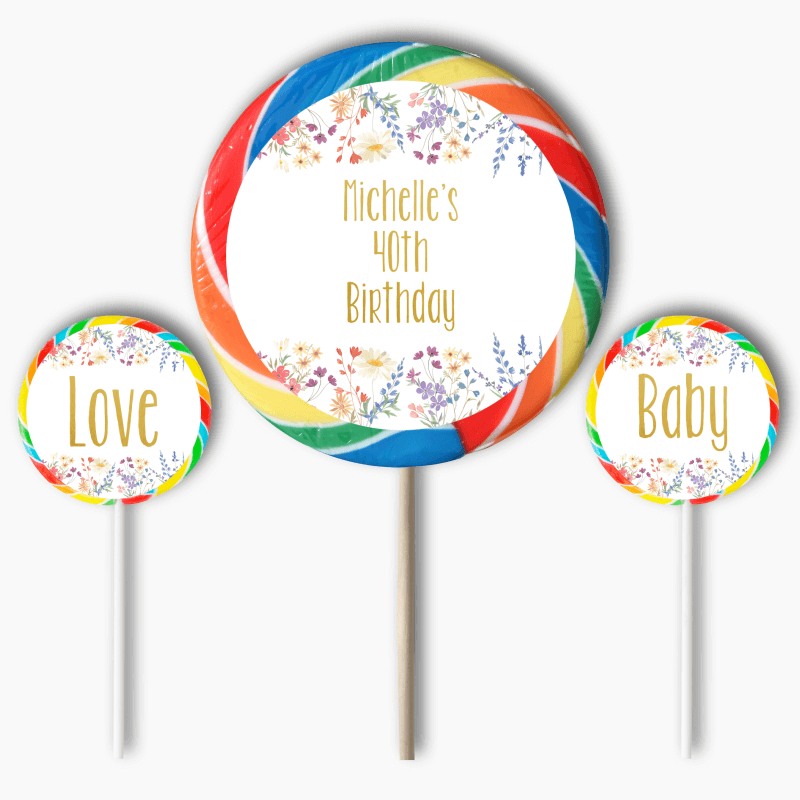 Personalised Wildflowers Party Round Lollipop Stickers