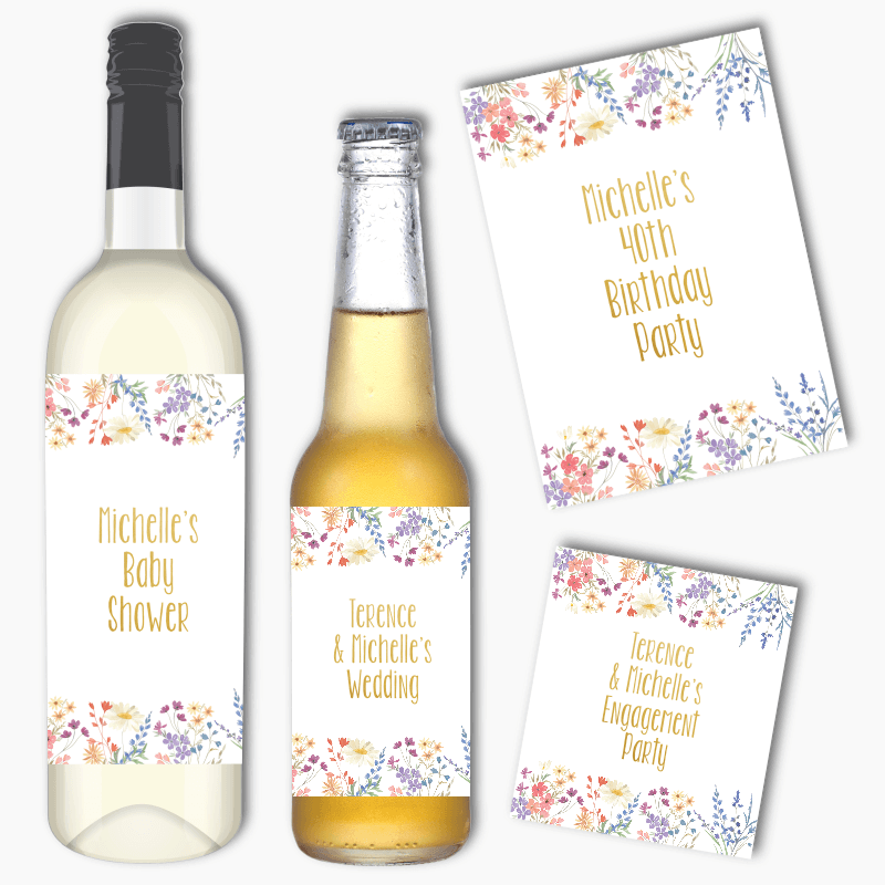 Personalised Wildflowers Party Wine & Beer Labels