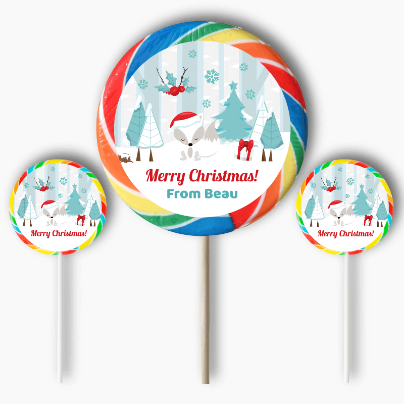 Personalised Winter Fox Christmas Gift Round Lollipop Stickers