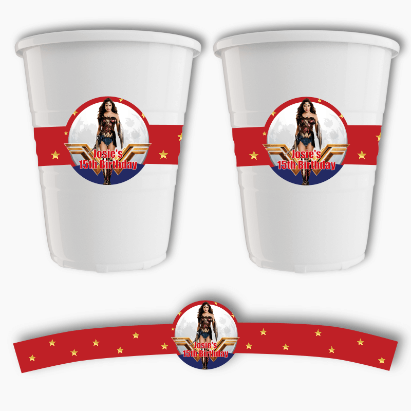 Personalised Wonder Woman Birthday Party Cup Stickers