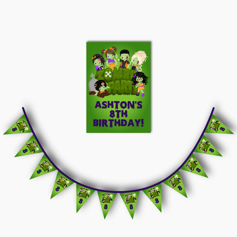 Personalised Zombie Party Birthday Poster &amp; Flag Bunting Combo